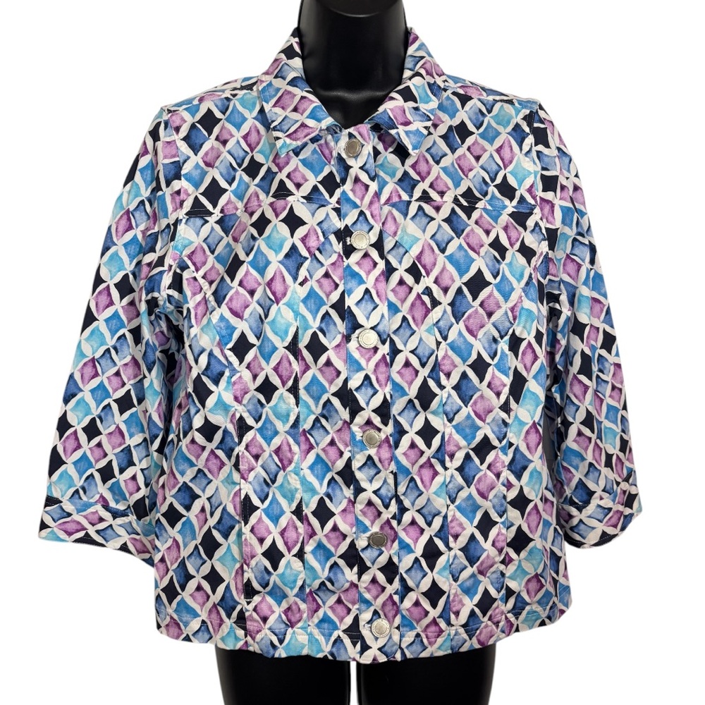 Christopher & Banks Jacket Button Front Pastel Diamond Print Cotton Size Medium